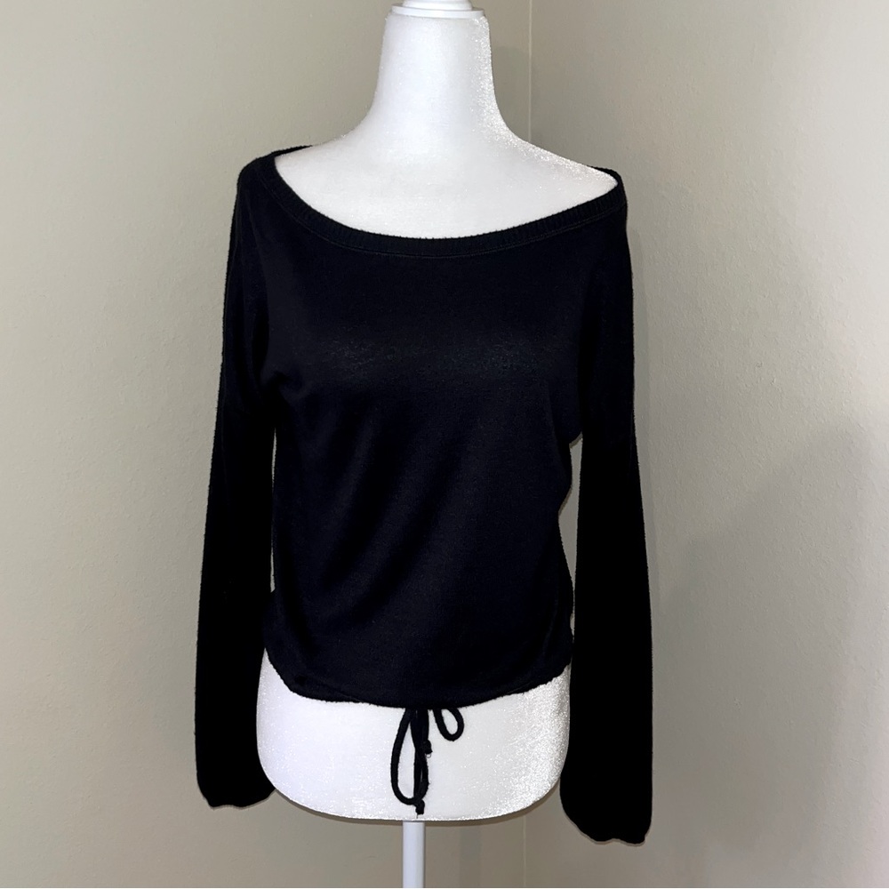 Abercrombie Black Off-Shoulder Sweater Crop Front Tie Boatneck Small